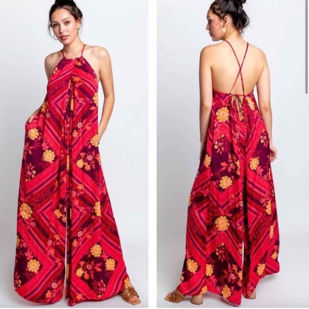 Free People Luca Floral Halter Neck Wide Leg Jumpsuit